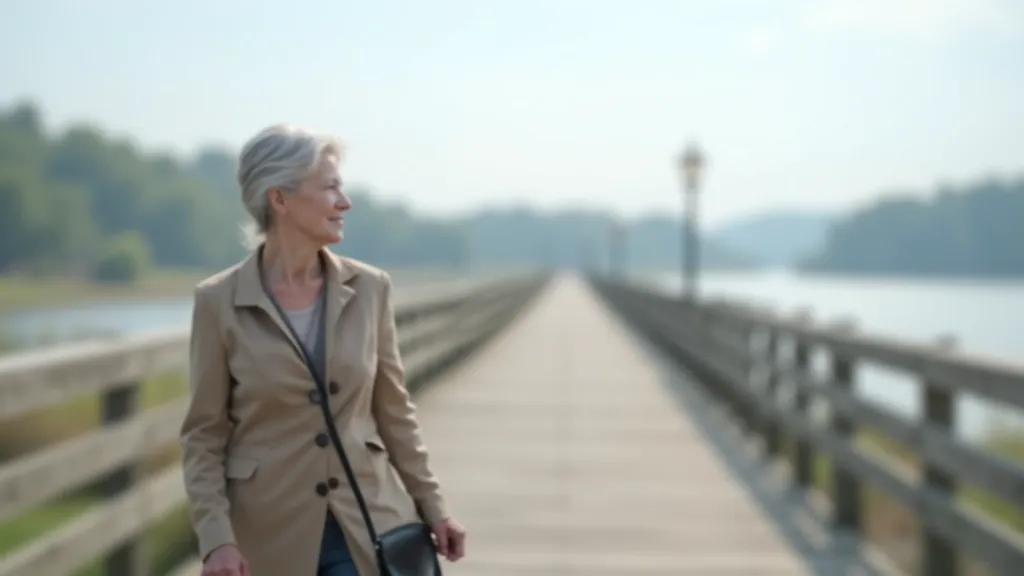 Senior kobieta na drewnianym moście obserwacyjnym, jasna pogoda, widok na wodę, bezpieczne poręcze